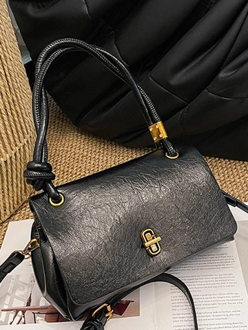 Vintage PU Leather Shoulder Bag For Women Fashion Twisted Handle Handbag With Metal Lock Solid Color Niche Design Tote Bag