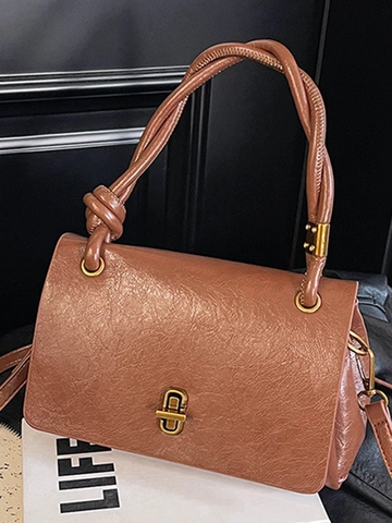 Vintage PU Leather Shoulder Bag For Women Fashion Twisted Handle Handbag With Metal Lock Solid Color Niche Design Tote Bag