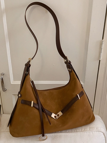 Dames Retro Gematteerde PU Leren Schoudertas Minimalistische Kleurblok Okseltas Elegante Commuter Tote Bag Met V-Gesp