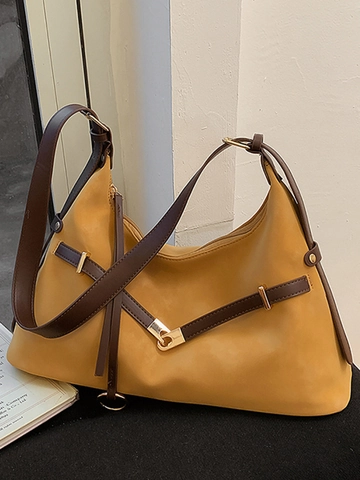 Dames Retro Gematteerde PU Leren Schoudertas Minimalistische Kleurblok Okseltas Elegante Commuter Tote Bag Met V-Gesp