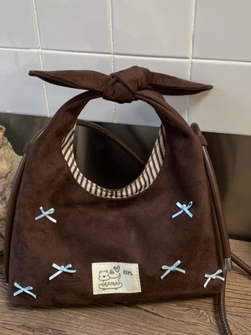 Borsa a Tracolla da Donna in Camoscio Con Fiocco Nastro Decorazione Grande Capacità Tote Bag Stile Coreano Ricamato Patch Cartoon