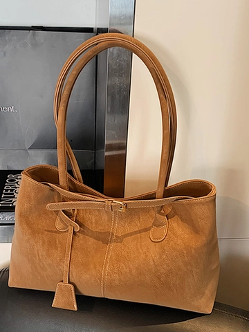 Bolso Tote de Cuero PU Retro para Mujer Gran Capacidad Bolso de Hombro de Trabajo Con Costuras en Contraste y Hebilla