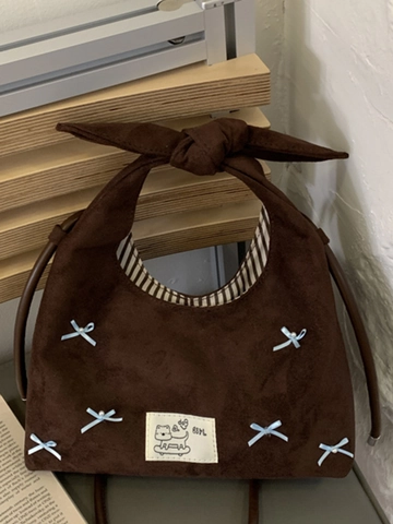 Borsa a Tracolla da Donna in Camoscio Con Fiocco Nastro Decorazione Grande Capacità Tote Bag Stile Coreano Ricamato Patch Cartoon