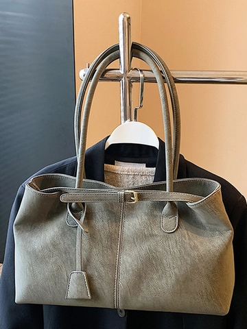 Bolso Tote de Cuero PU Retro para Mujer Gran Capacidad Bolso de Hombro de Trabajo Con Costuras en Contraste y Hebilla
