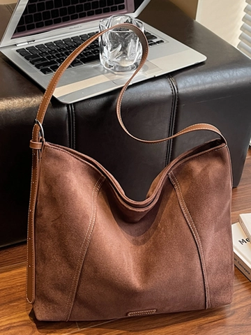 Bolso Hobo de Mujer de Gran Capacidad de Cuero PU con Textura de Gamuza Bolso de Hombro Retro Con Costuras en Contraste y Cremallera