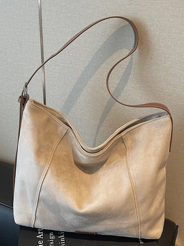 Bolso Hobo de Mujer de Gran Capacidad de Cuero PU con Textura de Gamuza Bolso de Hombro Retro Con Costuras en Contraste y Cremallera