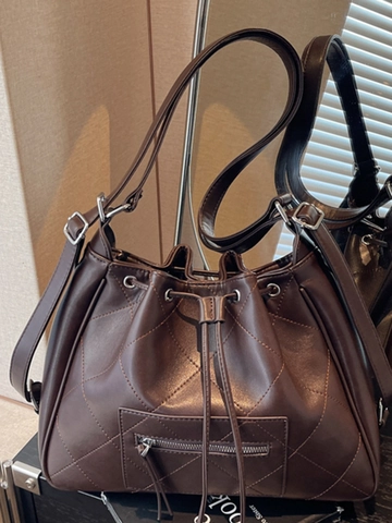 Bolso de Cubo de Cuero PU Acolchado Vintage para Mujer Minimalista Gran Capacidad Cordón Bolso de Hombro Cremallera Viaje Diario