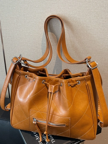 Bolso de Cubo de Cuero PU Acolchado Vintage para Mujer Minimalista Gran Capacidad Cordón Bolso de Hombro Cremallera Viaje Diario