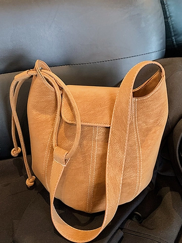 Dames Retro PU Leren Emertas Witte Contraststiksels Flap Trekkoord Schoudertas Crossbody Mode Dagelijkse Messenger Bag