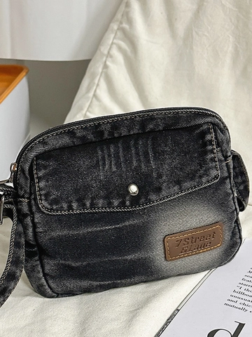 Retro Washed Denim Shoulder Bag For Women Vintage Crossbody Square Bag With Front Pocket Adjustable Strap Casual Fashion Handbag