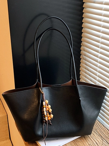 Große Damen PU Leder Einkaufstasche Vintage Minimalistische Schultertasche Mit Holzperlen-Anhänger Retro Pendler Handtasche