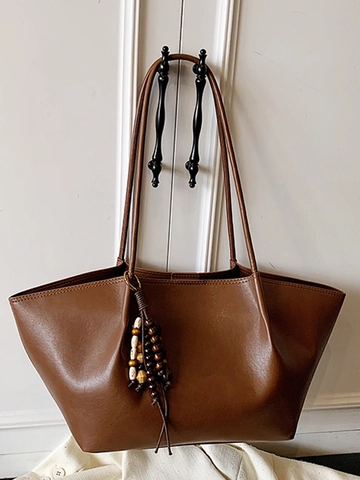 Women Large Capacity PU Leather Tote Bag Vintage Minimalist Shoulder Bag With Wood Bead Charm Retro Commuter Handbag