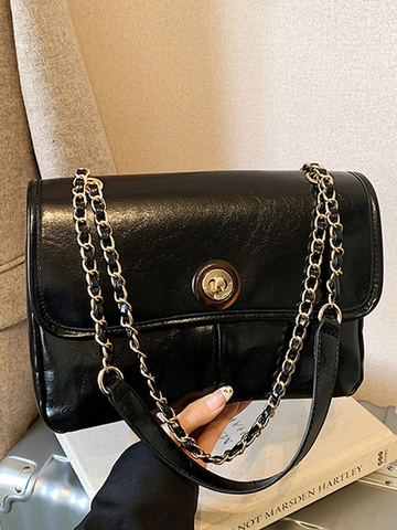 Vintage PU Leather Shoulder Bag For Women Urban Simple Chain Strap Crossbody Bag Horizontal Square Flap Bag Solid Color Daily Purse