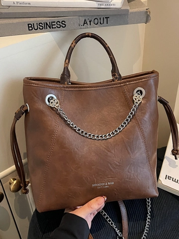 Vintage PU Leder Tote Bag Für Damen Große Kapazität Schultertasche Mit Metallkette Monogramm Griff Täglich Pendler Handtasche