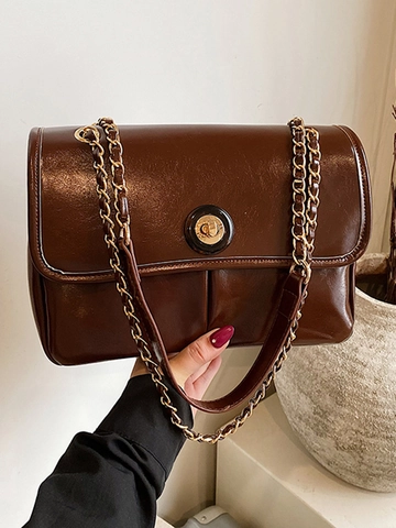 Vintage PU Leather Shoulder Bag For Women Urban Simple Chain Strap Crossbody Bag Horizontal Square Flap Bag Solid Color Daily Purse