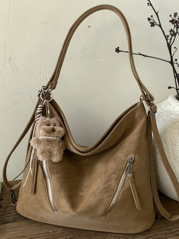 Damen Große Kapazität PU Tragetasche Winter Retro Minimalistisch Umhängetasche Pendler Handtasche Mit Bärenanhänger