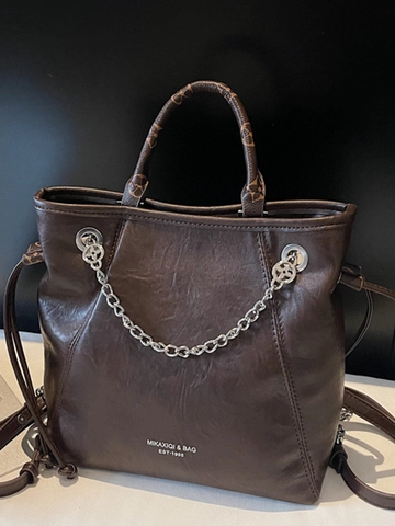 Vintage PU Leder Tote Bag Für Damen Große Kapazität Schultertasche Mit Metallkette Monogramm Griff Täglich Pendler Handtasche