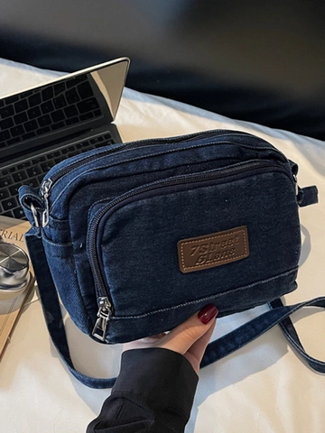 Women Stylish Denim Crossbody Bag Multiple Zipper Washed Denim Shoulder Bag Retro Small Square Bag With Leather Patch Casual Purse