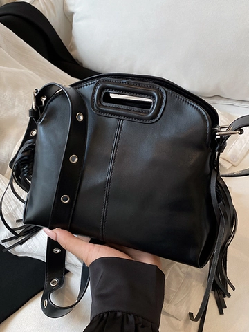 Dames Retro PU Leren Schoudertas Mode Kwastjes Crossbody Tas Met Hol Handvat Metalen Oogjes Riem Minimalistische Okseltas