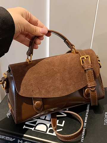 Women Korean Retro Frosted Patchwork Shoulder Bag Minimalist Small Square Handbag With Adjustable Strap Daily Commute Bag