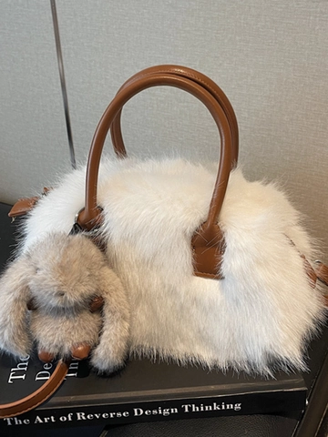 Dames Winter Pluche Tote Tas Schattige Cartoon Konijn Hanger Schoudertas Mode Imitatiebont Handtas Casual Gestikte Tas