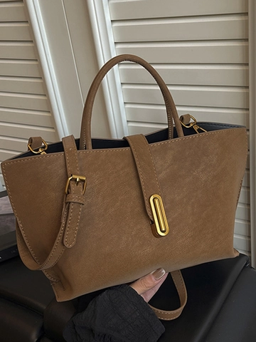 Grand Sac Cabas Rétro Pour Femmes Mode Trajet Sac Bandoulière En Cuir PU Avec Sangle Réglable Quincaillerie Dorée