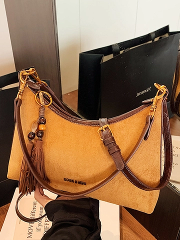 Minimalist Suede Shoulder Bag For Women Retro Hobo Underarm Bag With Tassel Pendant Stitching PU Trim Daily Commute Tote