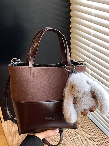 Vintage Bolso de Cubo de Empalme para Mujer Gamuza Cuero Artificial Estampado de Leopardo Patchwork Bolso de Hombro Con Colgante Conejo de Peluche