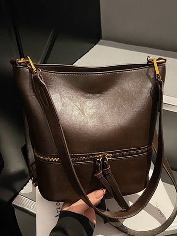 Damen Retro PU Leder Beuteltasche Mode Quasten Spleißen Schultertasche Große Kapazität Umhängetasche Für Pendeln Alltag