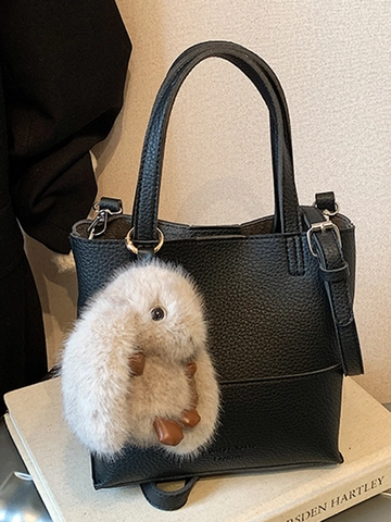 Women Urban Minimalist PU Leather Litchi Pattern Bucket Bag With Plush Rabbit Charm Retro Shoulder Crossbody Bag Daily Versatile Totes