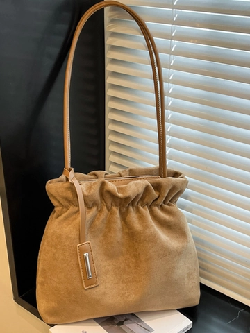 Mode Damen Wildleder Schultertasche Einfache Plissierte Eimertasche Städtische Lässige Tragetasche Umhängetasche Mit Magnetschnalle Pendler Handtasche