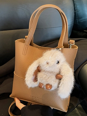 Women Urban Minimalist PU Leather Litchi Pattern Bucket Bag With Plush Rabbit Charm Retro Shoulder Crossbody Bag Daily Versatile Totes