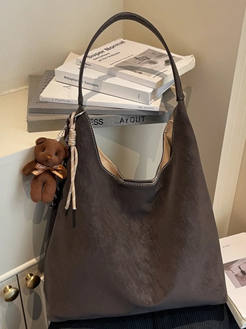 Borsa Tote da Donna Vintage di Grande Capacità in Pelle PU Minimalista Stile Urbano Borsa a Tracolla Con Ciondolo a Orsetto