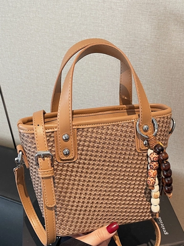 Sac Seau en Cuir PU Tissé pour Femmes Sac à Bandoulière Minimaliste Avec Charme à Perles Sac Fourre-tout Décontracté Vintage