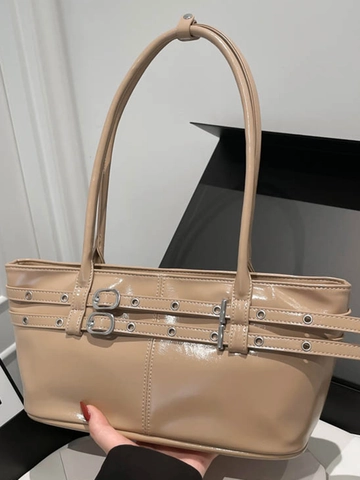 Bolso de Axila de Cuero PU Brillante Retro para Mujer Acabado de Charol Hebilla Decorativa Color Sólido Bolso de Hombro