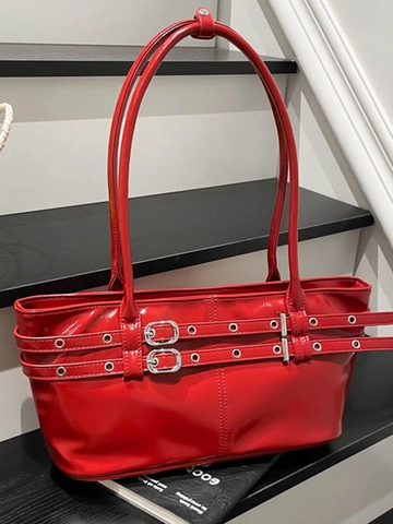Bolso de Axila de Cuero PU Brillante Retro para Mujer Acabado de Charol Hebilla Decorativa Color Sólido Bolso de Hombro
