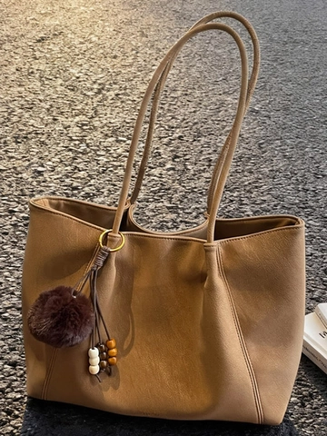 Retro PU Leather Tote Bag For Women Vintage Matte Shoulder Bag With Plush Ball Charm Large Capacity Casual Commuter Handbag