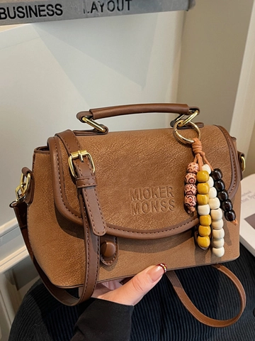 Vintage Fashion PU Leather Shoulder Bag For Women Retro Solid Color Small Square Crossbody Bag With Beaded Pendant Elegant Daily Handbag