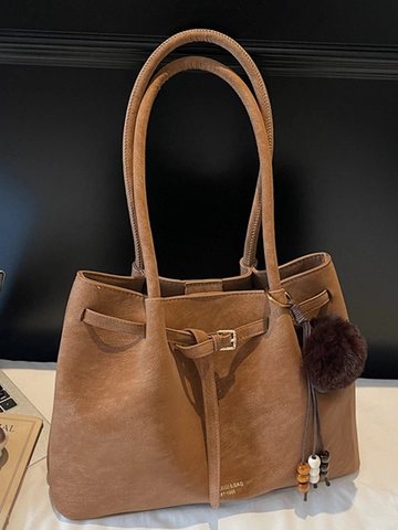 Damen Vintage Große Kapazität PU Leder Tote Bag Mode Schultertasche Mit Pelzball Anhänger Korean Style Commuter Handtasche