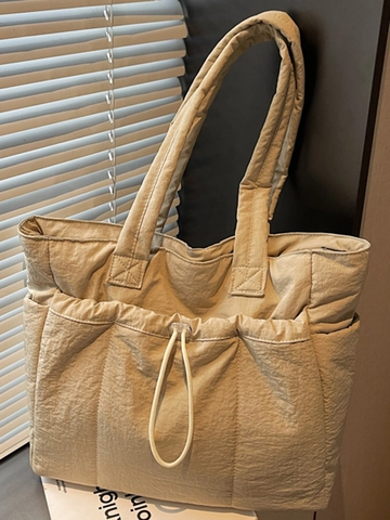 Women Quilted Tote Bag Large Capacity Urban Minimalist Fabric Shoulder Bag Lightweight Versatile Daily Travel Handbag