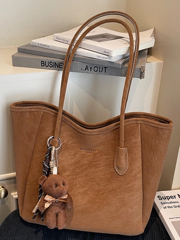 Borsa Tote da Donna Grande Capacità in Pelle PU Borsa a Tracolla Con Orsetto Retro Stile Urbano Cuciture a Contrasto