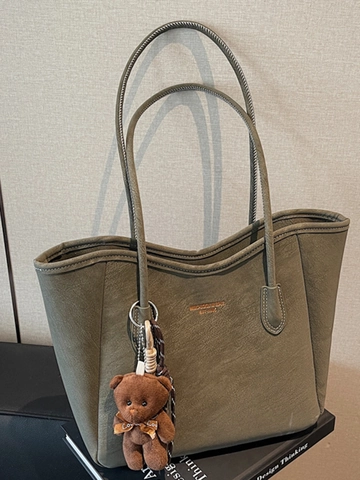 Borsa Tote da Donna Grande Capacità in Pelle PU Borsa a Tracolla Con Orsetto Retro Stile Urbano Cuciture a Contrasto