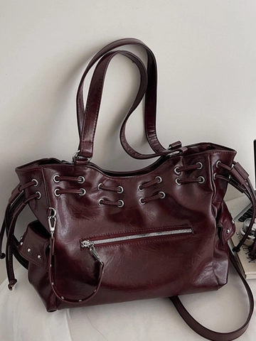 Borsa Tote in Pelle PU a Grande Capacità Vintage Per Donna Borsa a Tracolla Morbida Sottobraccio Retrò Con Coulisse Occhielli Metallici Borsa da Pendolare