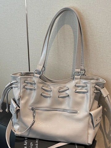 Borsa Tote in Pelle PU a Grande Capacità Vintage Per Donna Borsa a Tracolla Morbida Sottobraccio Retrò Con Coulisse Occhielli Metallici Borsa da Pendolare