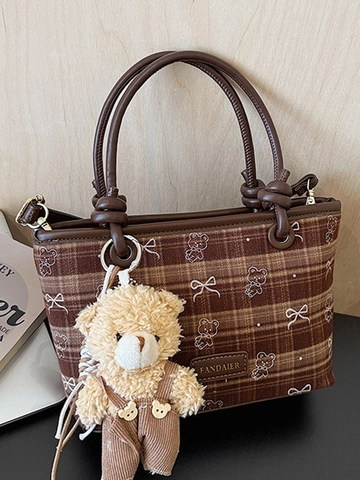 Vintage Plaid Shoulder Bag For Women Cute Bear Pattern Fabric Tote Bag Retro Square Crossbody Bag With Plush Charm