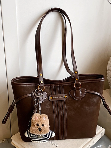 Damen Amerikanische Retro PU Leder Einkaufstasche Große Kapazität Pendeln Schultertasche Vintage Achseltasche Mit Bär Anhänger