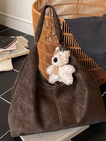 Damen Große Kapazität PU Leder Tote Bag Minimalistische Vintage Umhängetasche Mit Kontrastnähten Und Plüsch Bär Anhänger Pendeln Täglich Lässige Tasche