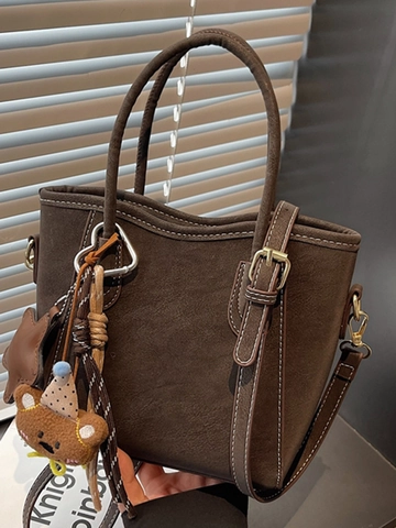 Bolso Bombonera de Cuero PU Retro para Mujer Costuras en Contraste Bolso de Mano de Moda Con Colgante de Oso Bolso de Hombro