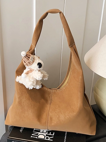 Damen Große Kapazität PU Leder Tote Bag Minimalistische Vintage Umhängetasche Mit Kontrastnähten Und Plüsch Bär Anhänger Pendeln Täglich Lässige Tasche