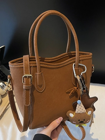 Bolso Bombonera de Cuero PU Retro para Mujer Costuras en Contraste Bolso de Mano de Moda Con Colgante de Oso Bolso de Hombro
